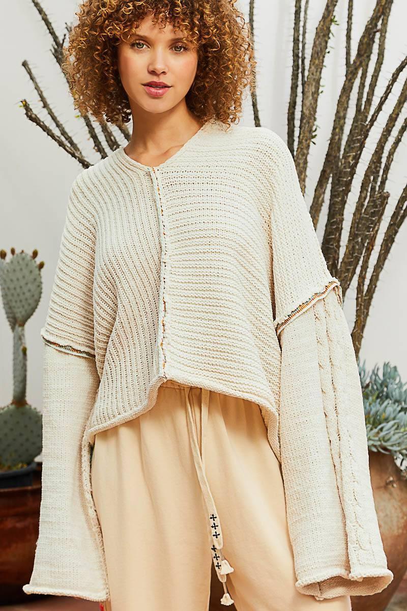 POL Balloon Sleeve V-Neck Hoodie Pullover Sweater