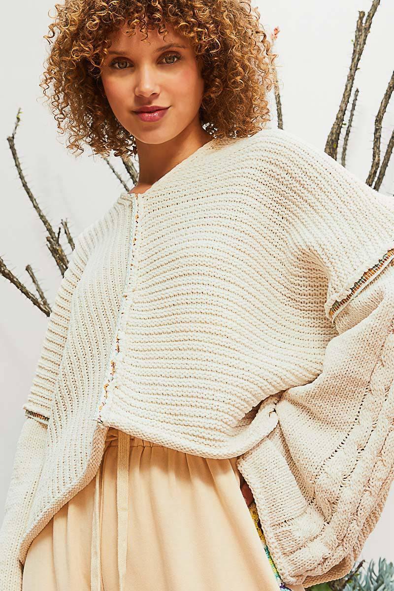 POL Balloon Sleeve V-Neck Hoodie Pullover Sweater