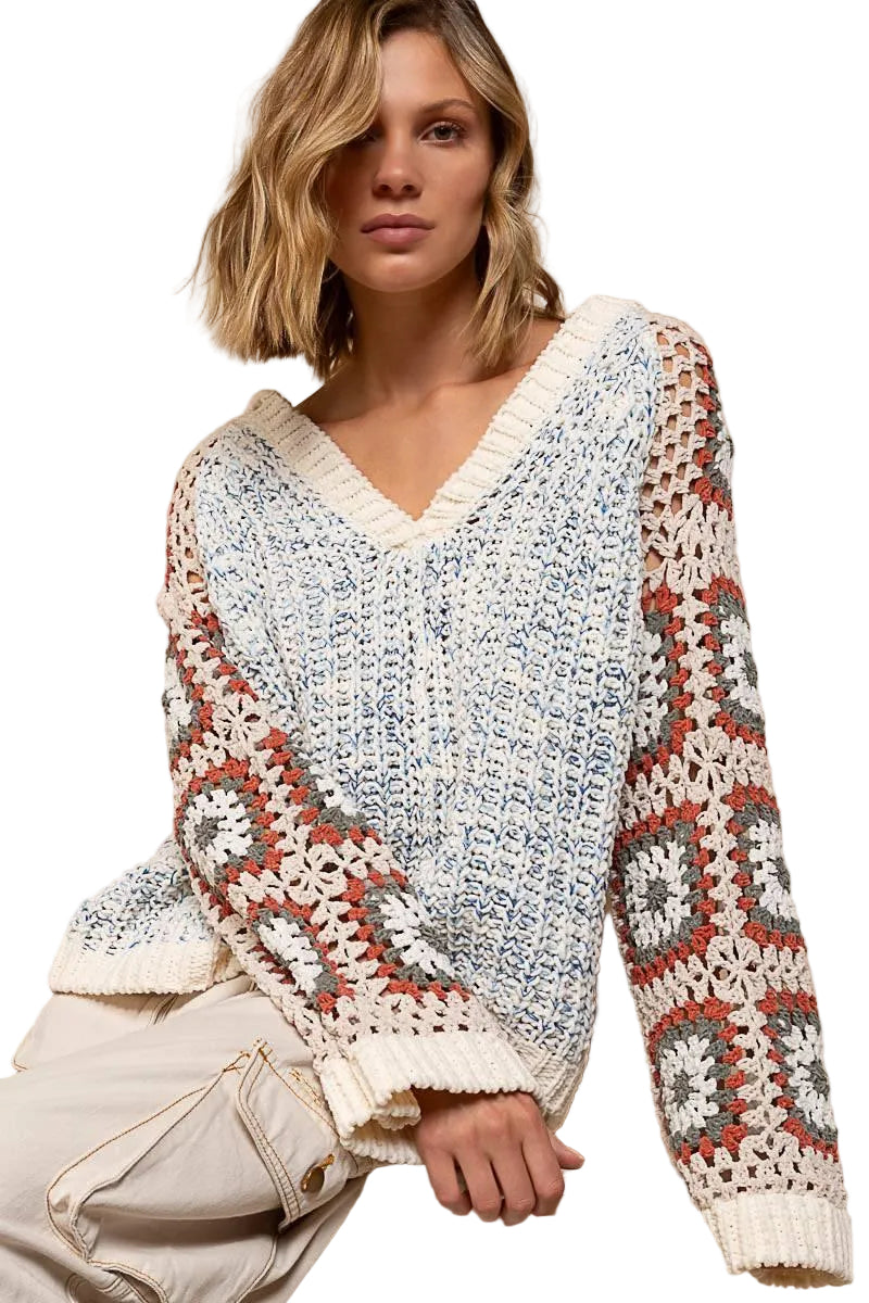 POL Chenille Granny Square Crochet Knit Sweater Beachy Bohemian Hoodie