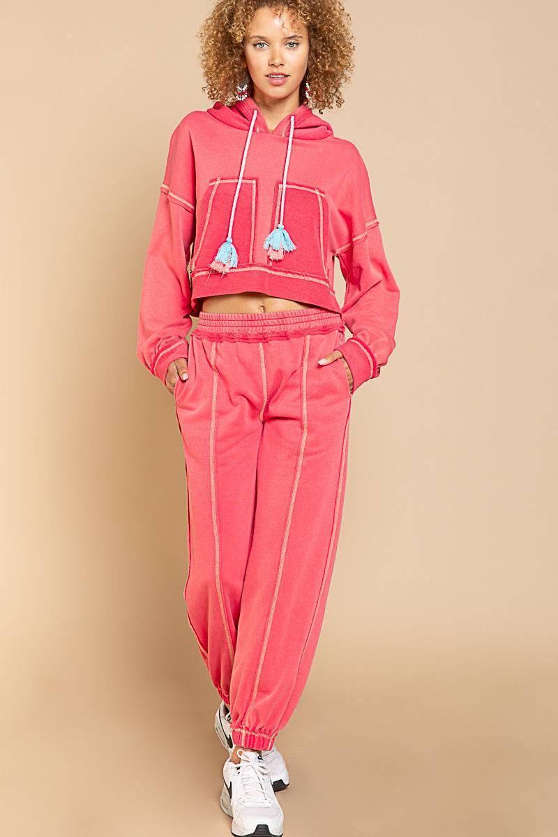 POL Flamingo Crop Tassel Tie Hoodie