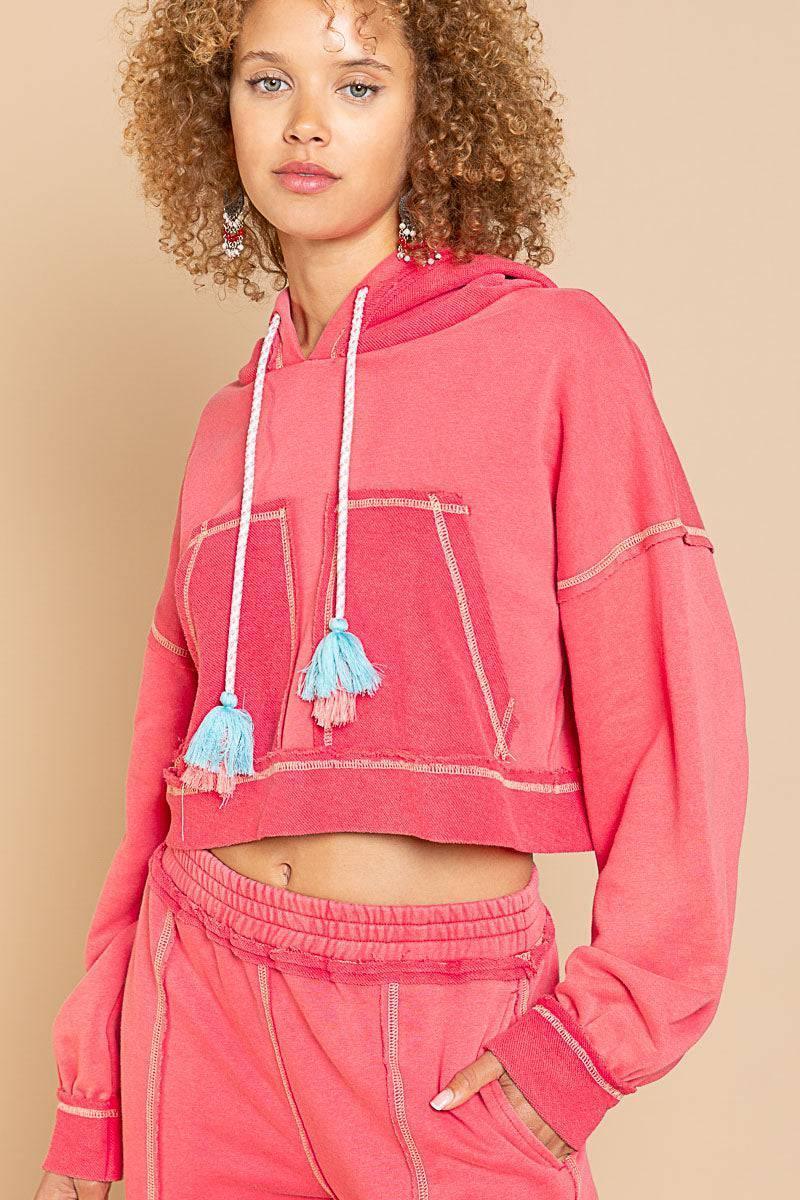 POL Flamingo Crop Tassel Tie Hoodie