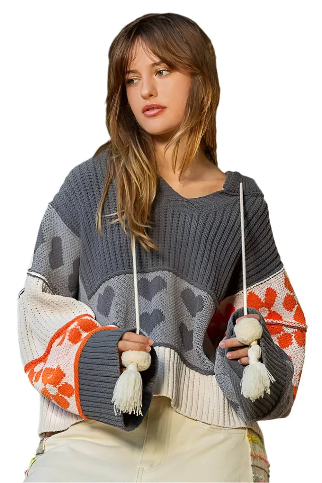 POL Valentine Heart Color Block Bell Sleeve Hooded Sweater