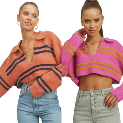 POL Skyler Soft Stripe Knit Crop Collar Top