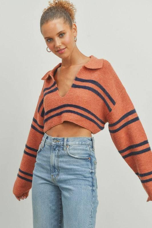 POL Skyler Soft Stripe Knit Crop Collar Top