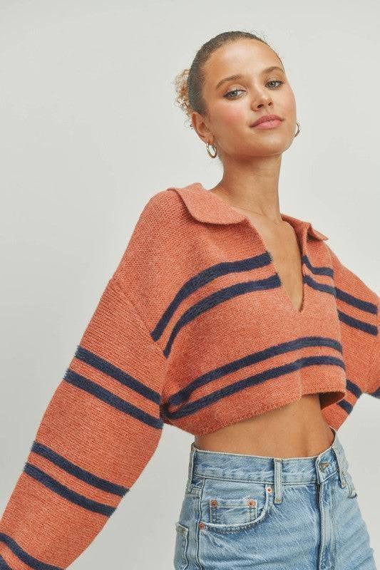 POL Skyler Soft Stripe Knit Crop Collar Top