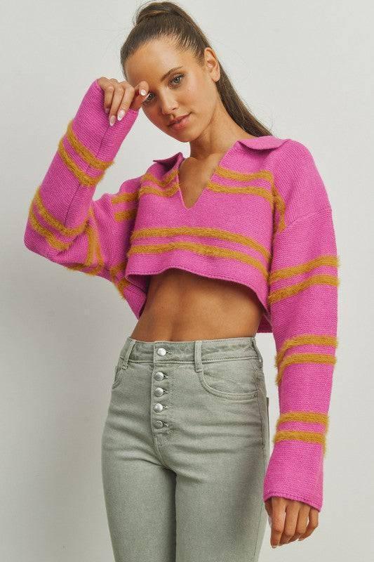 POL Skyler Soft Stripe Knit Crop Collar Top