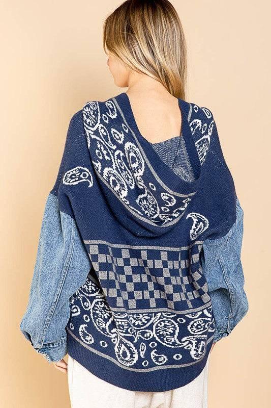 POL Timeless TIKTOK Famous BOHO Denim Soft Knit Hoodie Sweater