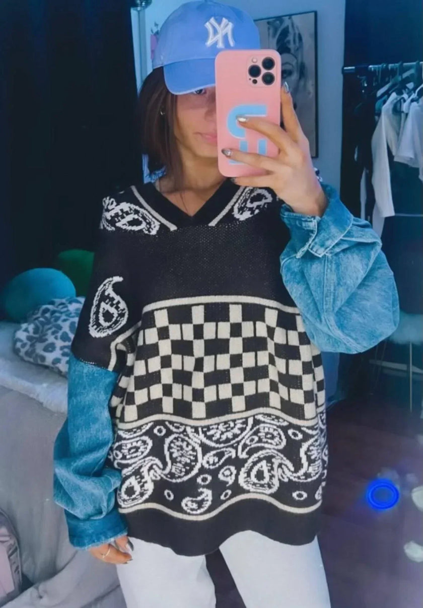 POL Timeless TIKTOK Famous BOHO Denim Soft Knit Hoodie Sweater