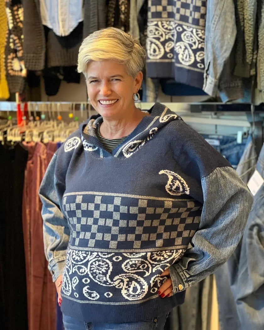 POL Timeless TIKTOK Famous BOHO Denim Soft Knit Hoodie Sweater