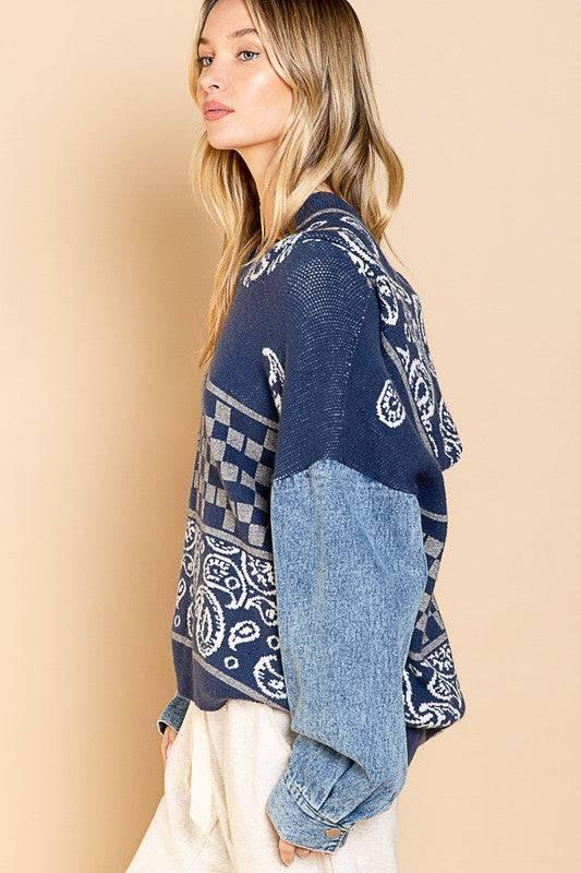 POL Timeless TIKTOK Famous BOHO Denim Soft Knit Hoodie Sweater