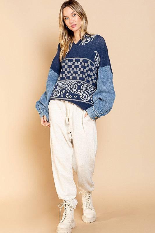 POL Timeless TIKTOK Famous BOHO Denim Soft Knit Hoodie Sweater