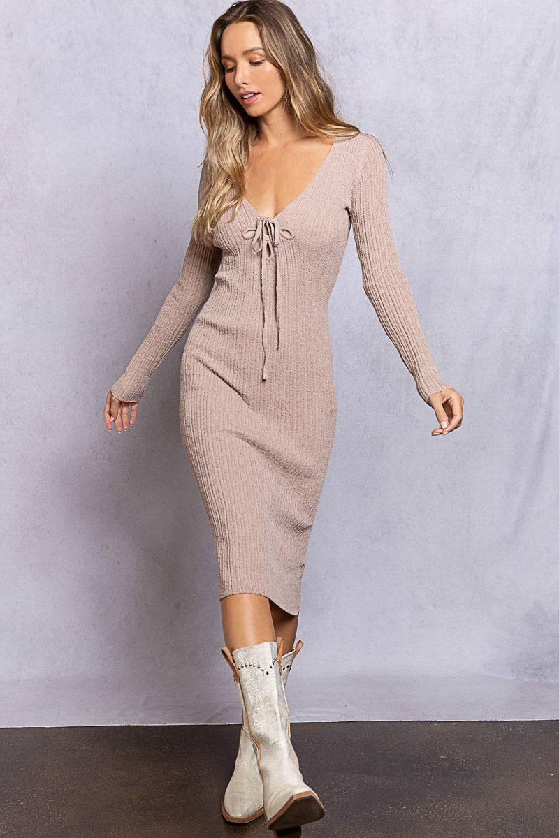 POL Women's Long Sleeve Bodycon Midi Taupe V-Neck Dress