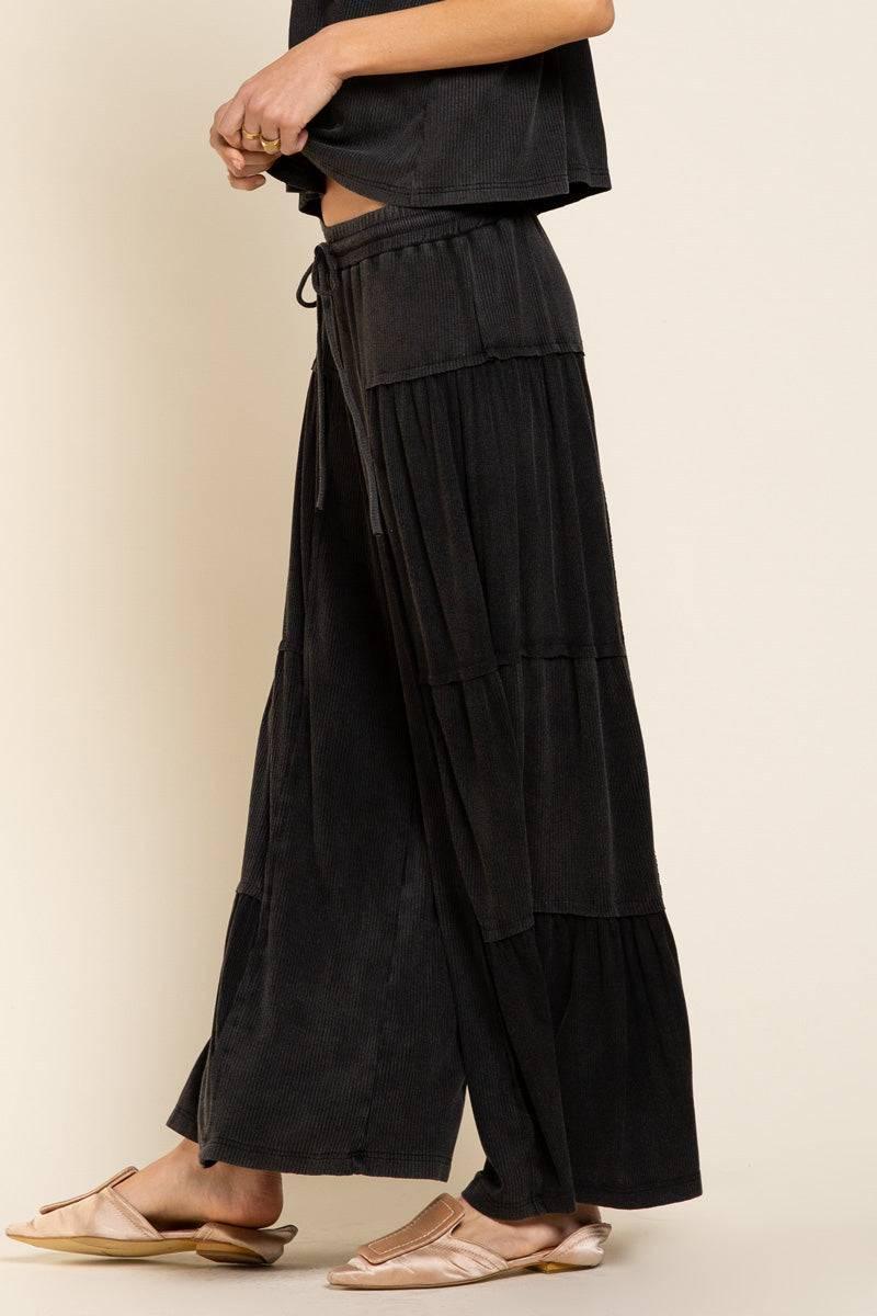 Pol Wide Leg Bohemian Ribbed Knit Pants in Black or Beige