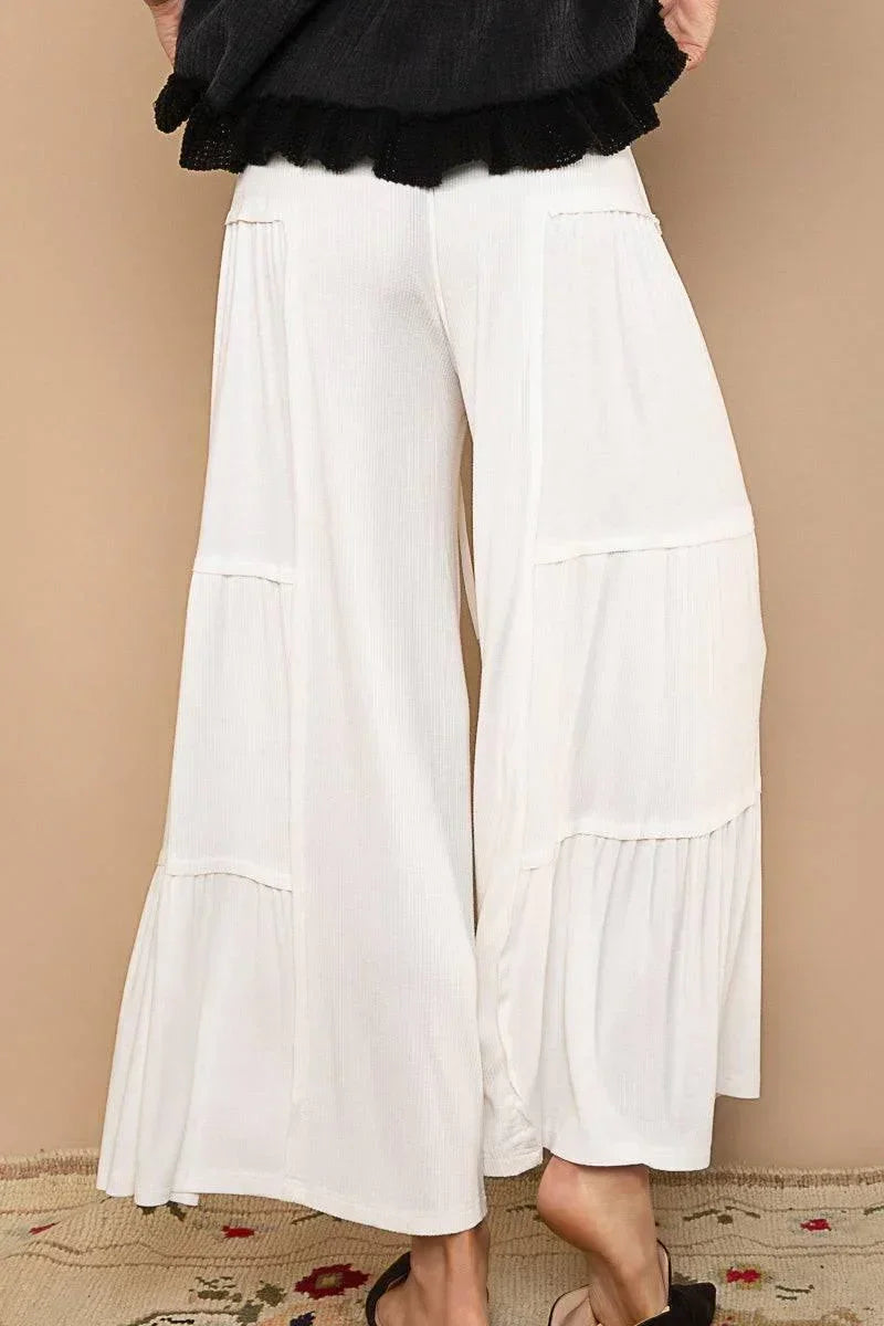 Pol Wide Leg Bohemian Ribbed Knit Pants in Black or Beige