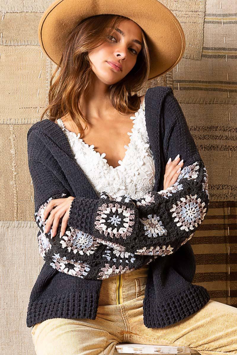 POL Cozy Crochet Granny Patchwork Cardigan Hoodie