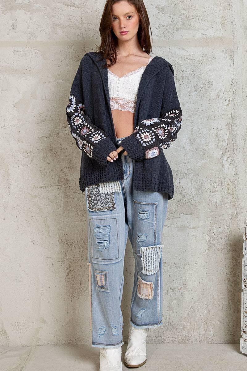 POL Cozy Crochet Granny Patchwork Cardigan Hoodie