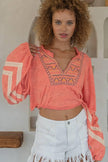 POL Coral Tie-Up Embroidered Crop Top