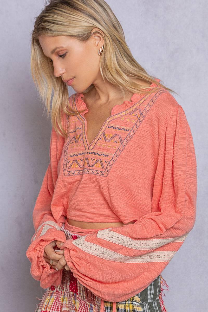 POL Coral Tie-Up Embroidered Crop Top