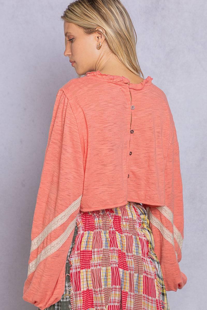 POL Coral Tie-Up Embroidered Crop Top