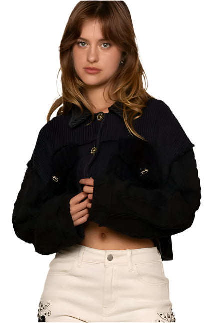 POL Vintage Washed Combo Fleece Cropped Jacket