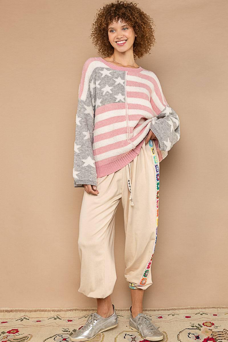 POL OVERSIZED KNIT PINK American Flag Leisure Sweater