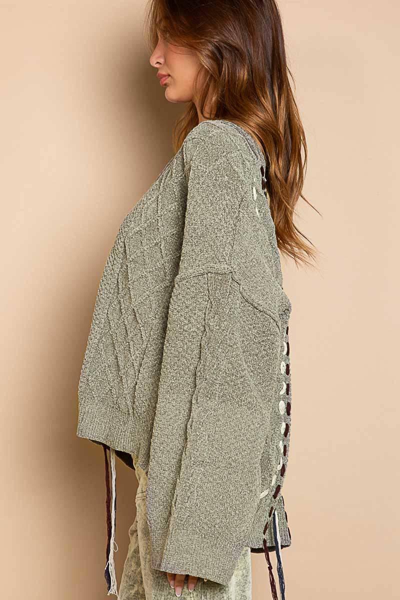 POL Aran weave Chenille Drawcord Women's Sweater