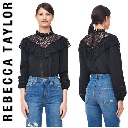 REBECCA TAYLORSILK & LACE TOP WITH VELVET TRIM