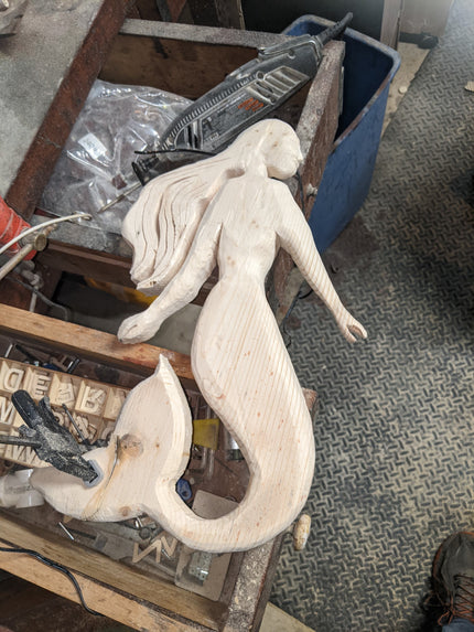 Cape Cod Hand-Carved Wooden Mermaid Sculpture – Coastal Beach House Wall Art by D.Q.R.