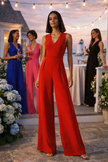  women red wide leg jumpsuit v neck dressy evening outfit front view 