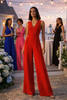  women red wide leg jumpsuit v neck dressy evening outfit front view 