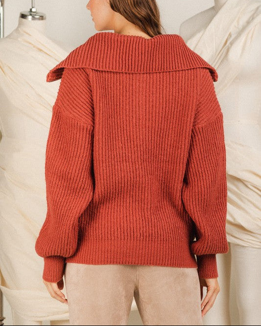 Half Zip Ribbed Sweater for Women – Cozy Cotton Blend Balloon Sleeve Knit