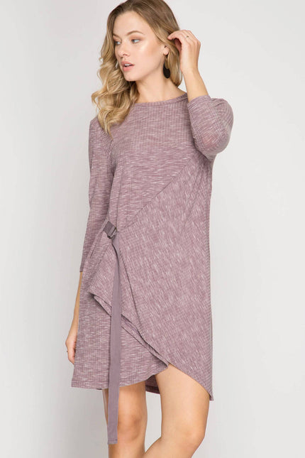 SHE + SKY - RIBBED KNIT DRESS WITH FRONT WRAP AND BUCKLES
