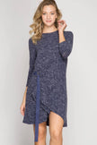 SHE + SKY - RIBBED KNIT DRESS WITH FRONT WRAP AND BUCKLES