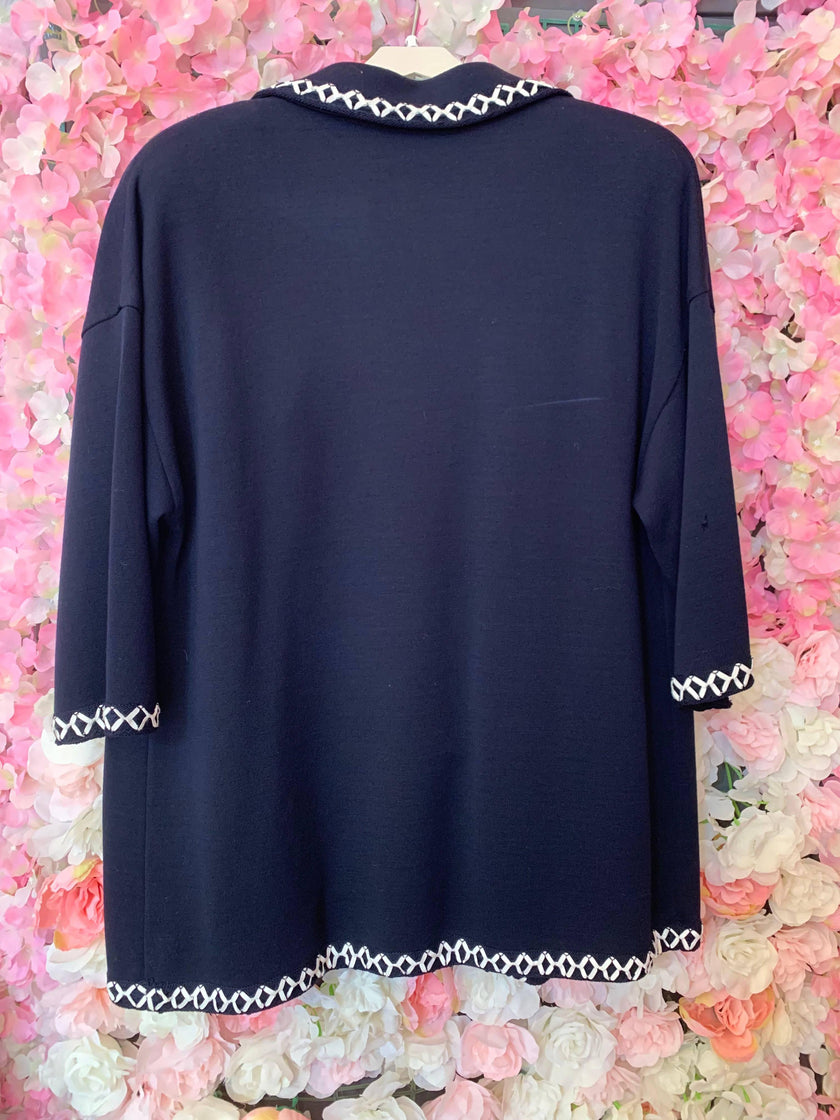 ST JOHN Navy Knit Cardigan with White Piping - Size Medium