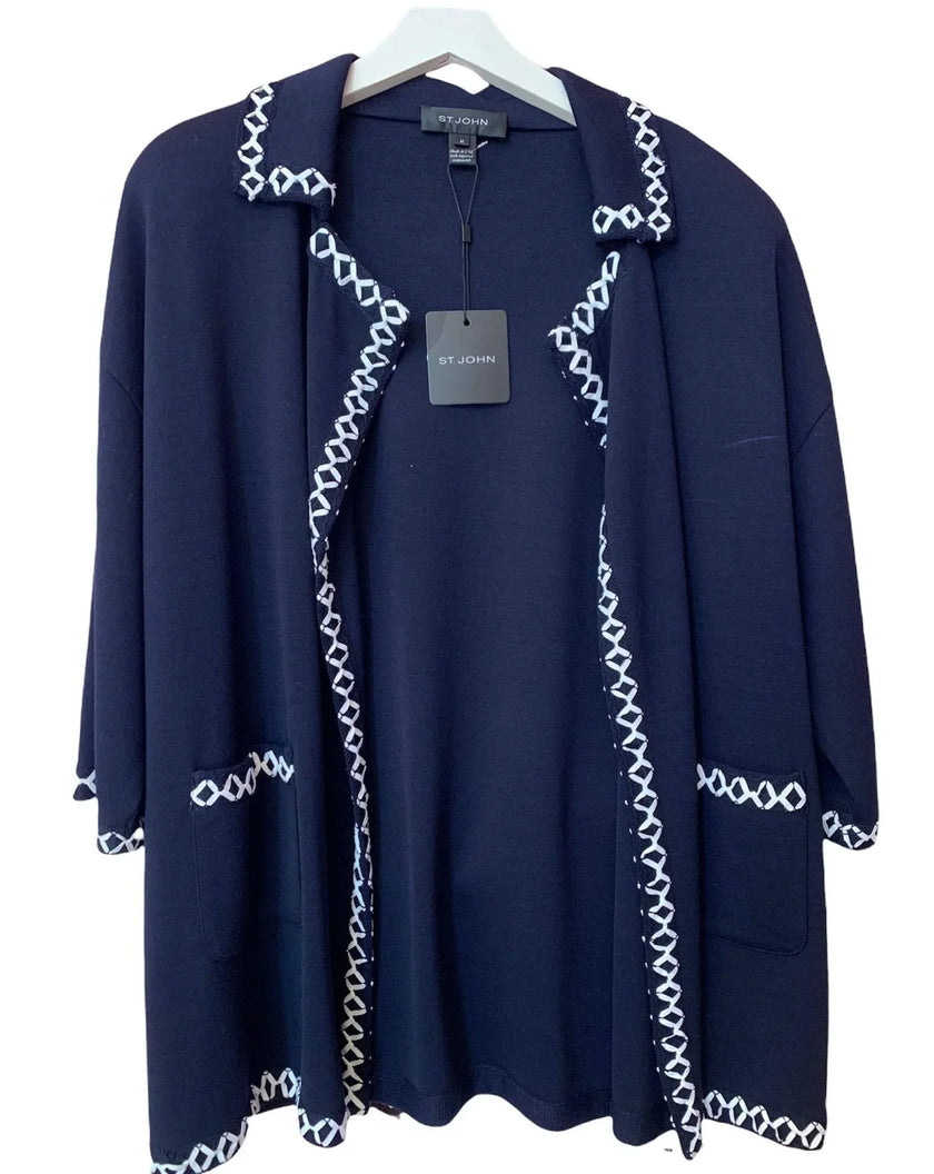 ST JOHN Navy Knit Cardigan with White Piping - Size Medium