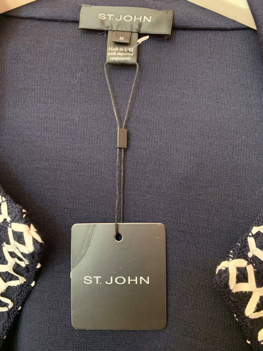 ST JOHN Navy Knit Cardigan with White Piping - Size Medium