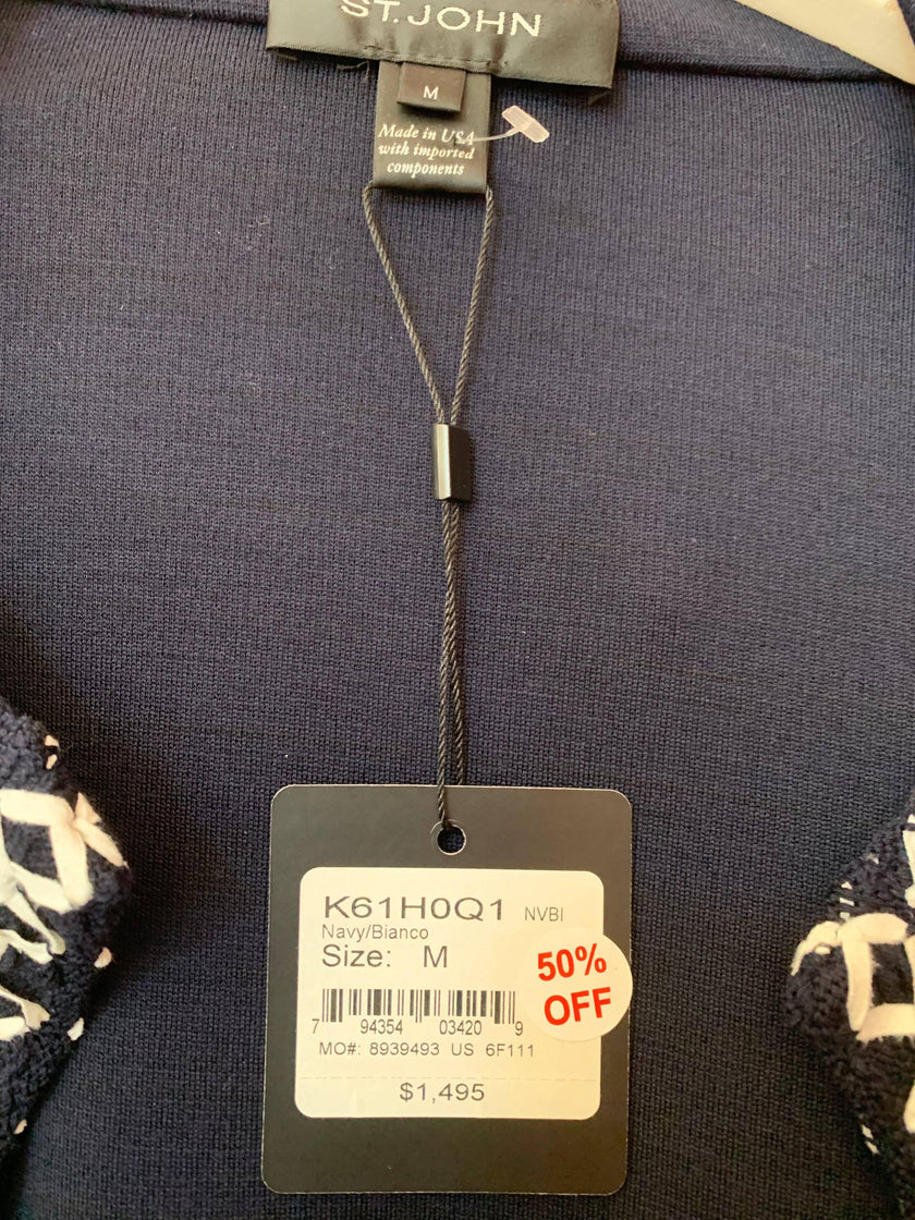 ST JOHN Navy Knit Cardigan with White Piping - Size Medium