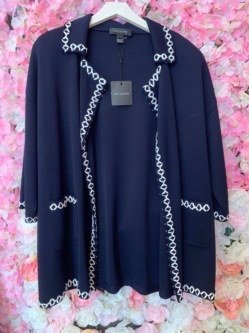 ST JOHN Navy Knit Cardigan with White Piping - Size Medium
