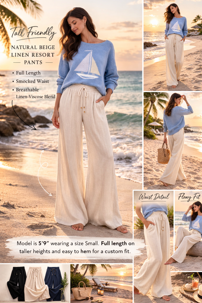 women natural beige tall friendly linen wide leg pants smocked waist detail beach view