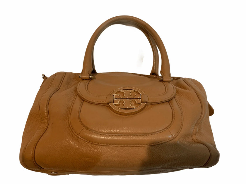 TORY BURCH AMANDA MIDDY CAMEL LOGO HANDBAG