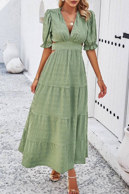 Sun-Kissed Sophistication: Tie Back Mid Sleeve Tiered Midi Dress