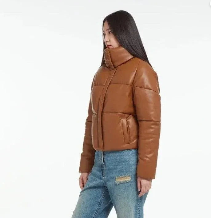 Women's Vegan Leather Mocha Puffer Jacket