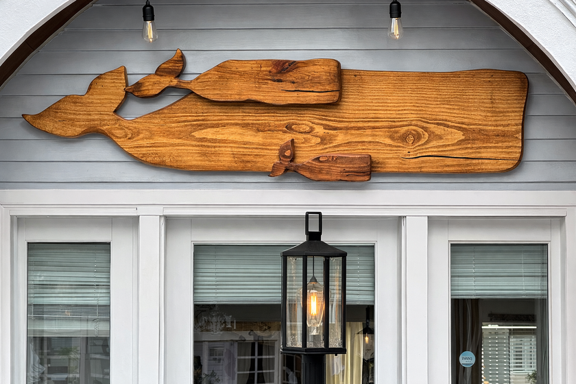 Coastal Whale Wall Decor – Hand Carved Cape Cod Wood Whale Sculpture Pod