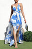 women white and blue cutout maxi dress resort vacation outfit front view