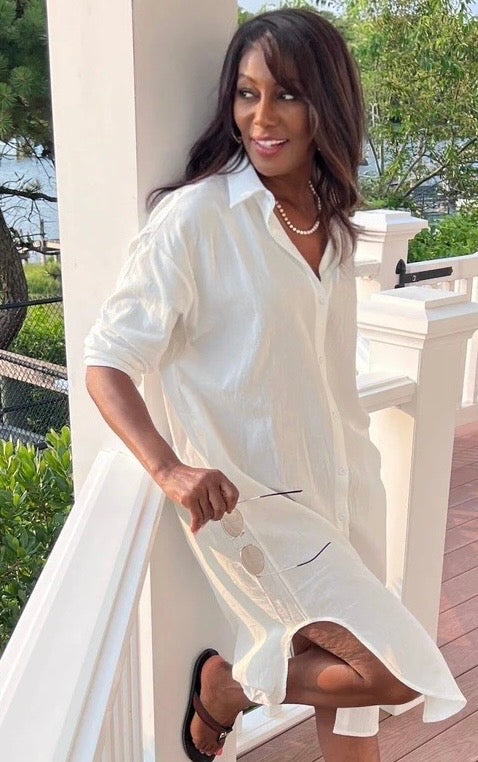 women white linen shirt dress coastal vacation tunic front view