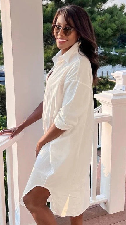 women white linen shirt dress curved hem coastal tunic detail