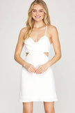 women white cowl neck mini dress party wear front view