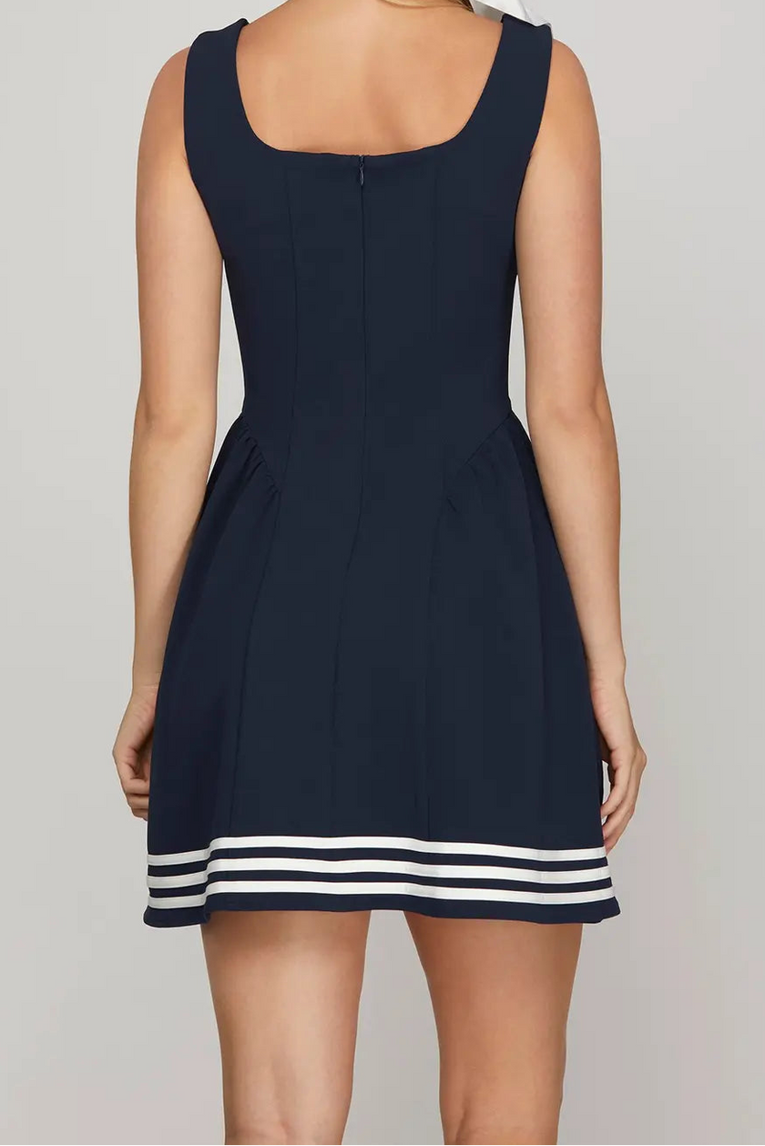 women navy fit and flare mini dress contrast hem summer outfit back view
