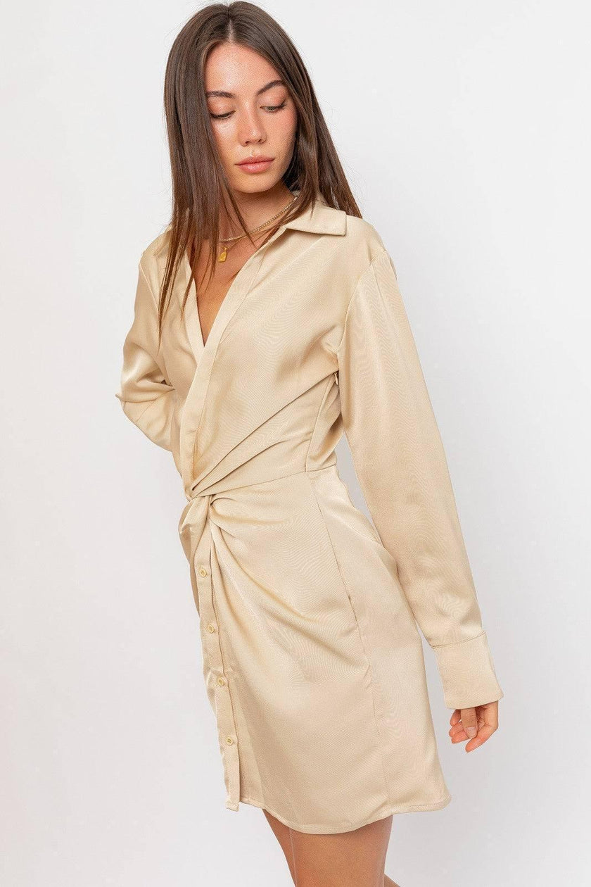 women gold satin mini shirt dress side view evening wear