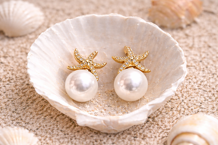 women gold starfish pearl stud earrings beach jewelry front view